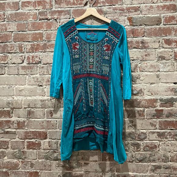 Johnny Was Teal Blue Embroidered Tunic Top Size Medium - Picture 1 of 8